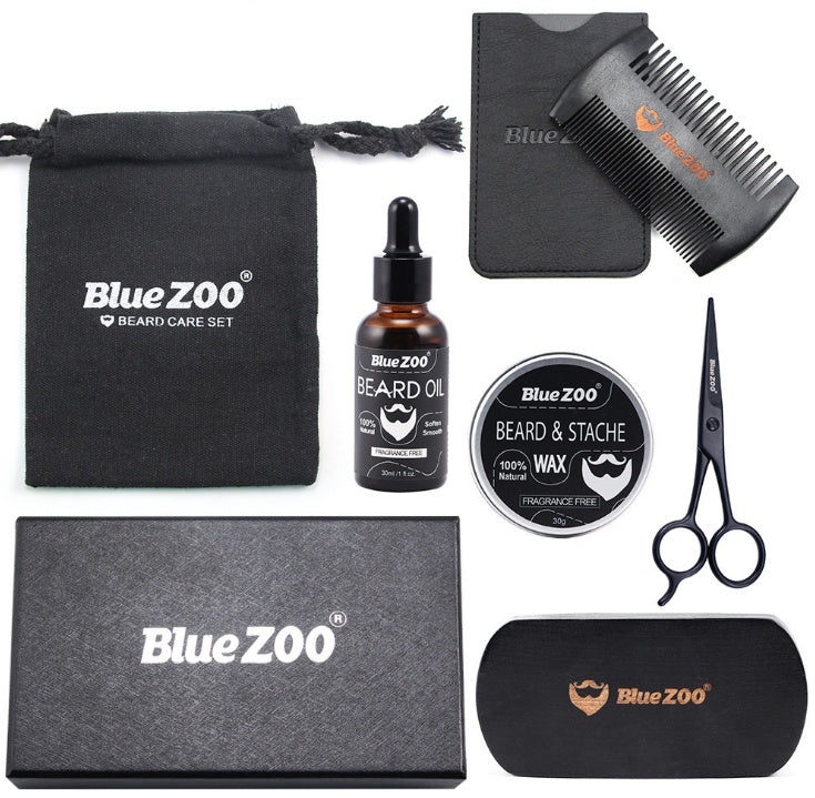 Black Bluezoo Beard Set Beard Oil Wax Double Side Comb Brush Bag Small Scissors 7 Pieces Set
