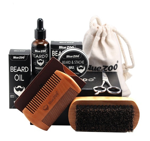 Black Bluezoo Beard Set Beard Oil Wax Double Side Comb Brush Bag Small Scissors 7 Pieces Set