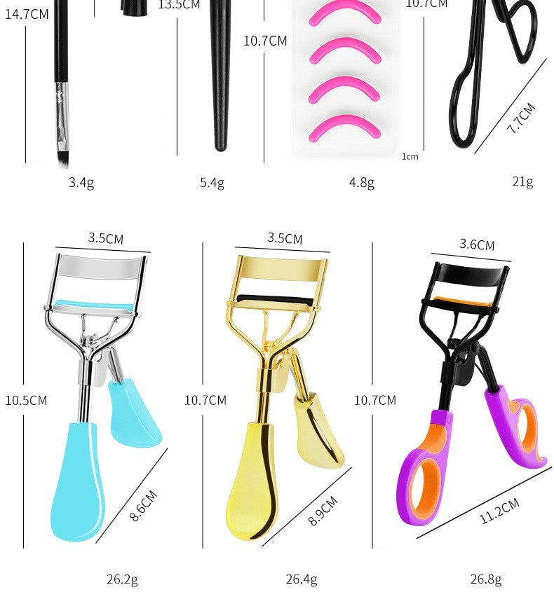 Half-arch eyelash curler and eyebrow comb with steel teeth.
