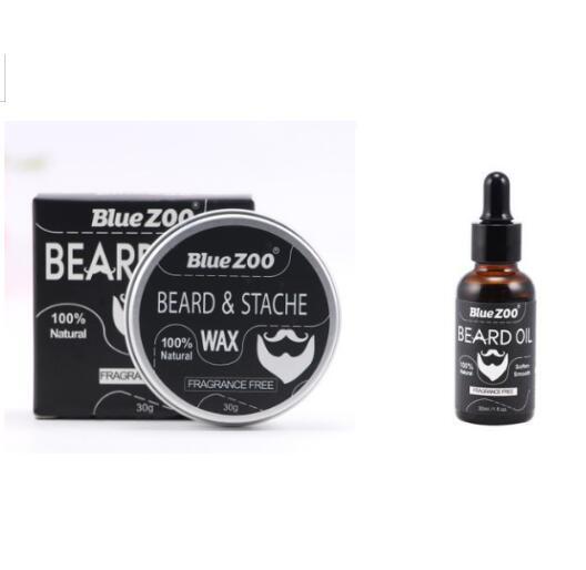 Black Bluezoo Beard Set Beard Oil Wax Double Side Comb Brush Bag Small Scissors 7 Pieces Set