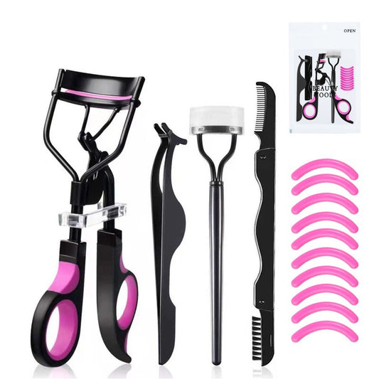 Half-arch eyelash curler and eyebrow comb with steel teeth.
