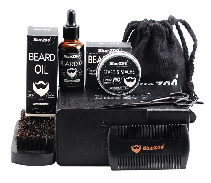 Black Bluezoo Beard Set Beard Oil Wax Double Side Comb Brush Bag Small Scissors 7 Pieces Set